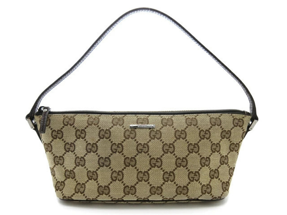 Gucci GG Accessory Pouch Clutch Dark Brown Beige Cream Canvas Calfskin